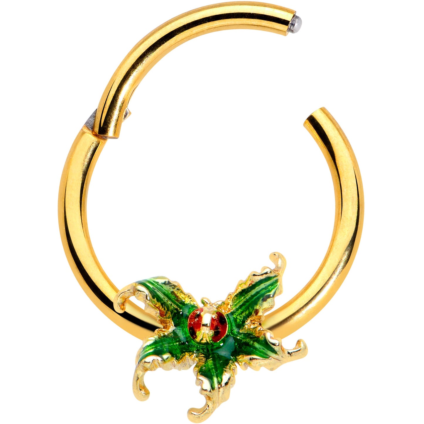 16G 3/8 Gold Tone Tiny Ladybug Leaves Hinged Segment Ring