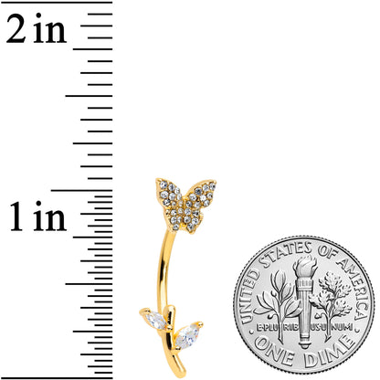 Clear CZ Gem Gold Tone Branch Butterfly Double Mount Belly Ring