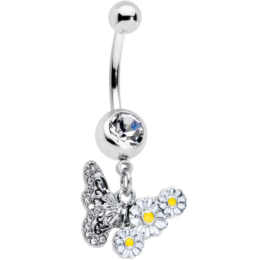 Clear Gem Butterfly Daisy Flowers Dangle Belly Ring