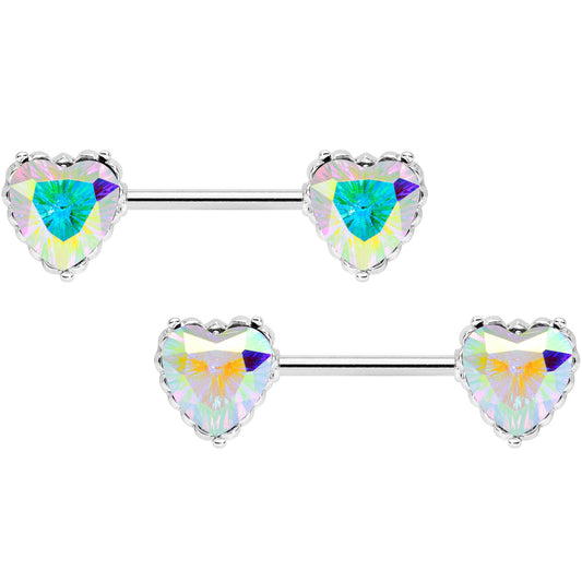 14G 9/16 Aurora CZ Gem Heart Valentines Day Nipple Ring Set