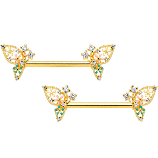 14G 9/16 Clear CZ Gem Gold Hue Abstract Butterfly Nipple Ring Set