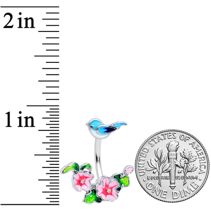 Clear Gem Blue Bird Pink Flowers Double Mount Belly Ring