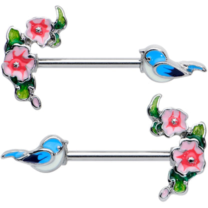 14G 9/16 Happy Blue Bird Pink Flowers Barbell Nipple Ring Set