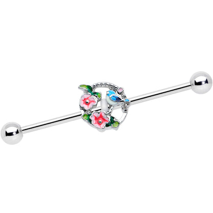 14G Little Blue Bird Pink Flowers Industrial Barbell 38mm