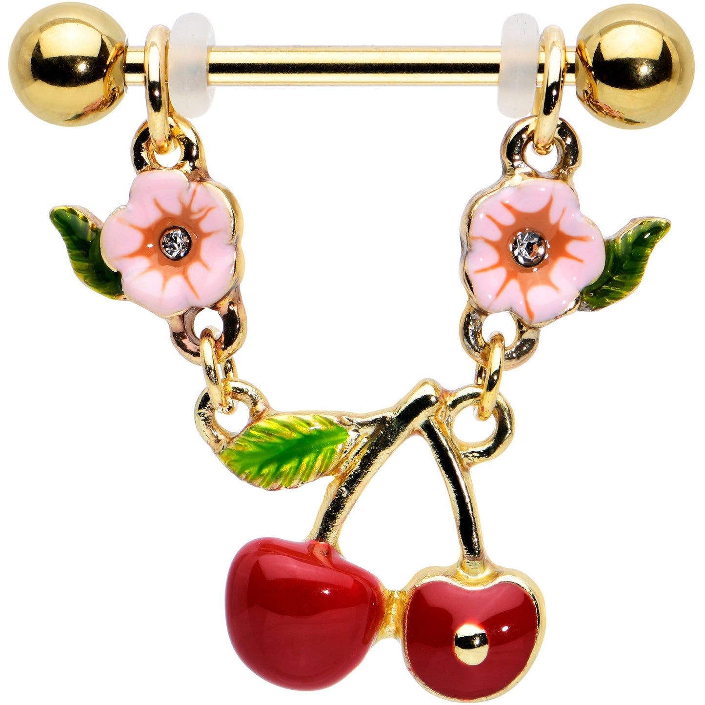 14G 9/16 Clear Gem Gold Tone Cherry Fruit Dangle Nipple Ring Set