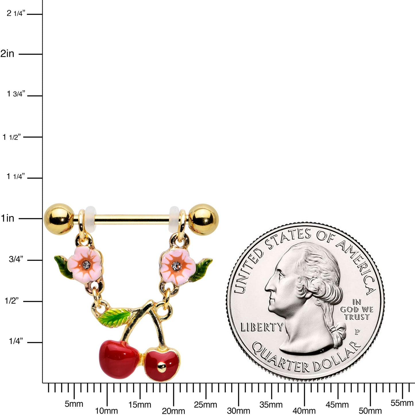 14G 9/16 Clear Gem Gold Tone Cherry Fruit Dangle Nipple Ring Set