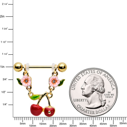14G 9/16 Clear Gem Gold Tone Cherry Fruit Dangle Nipple Ring Set