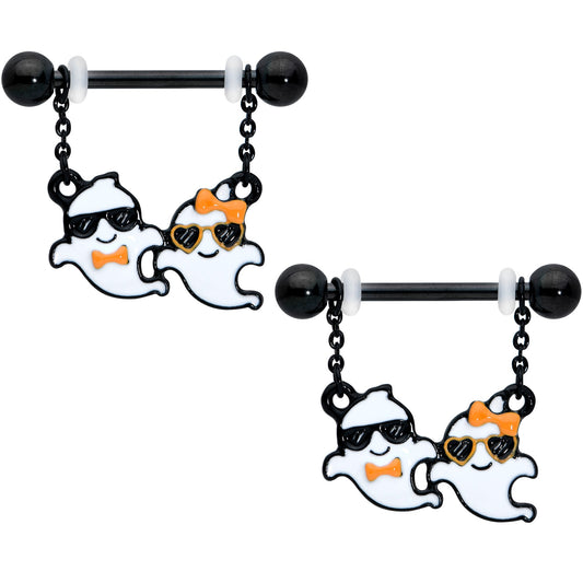 14G 9/16 Black Date Night Ghosts Halloween Dangle Nipple Ring Set