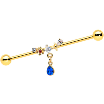 14G Clear Blue Gem Gold Tone Drop Dangle Industrial Barbell 38mm