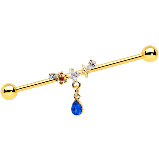 14G Clear Blue Gem Gold Tone Drop Dangle Industrial Barbell 38mm