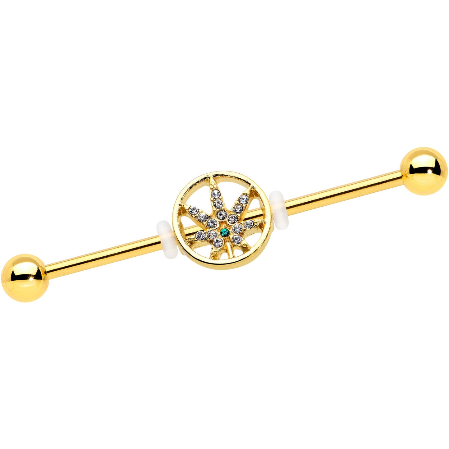 14G Clear Gem Gold Tone Pot Leaf Circle Industrial Barbell 38mm