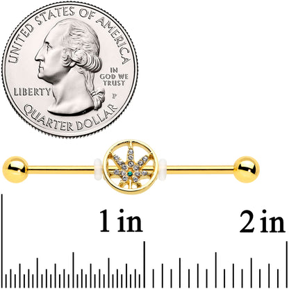 14G Clear Gem Gold Tone Pot Leaf Circle Industrial Barbell 38mm