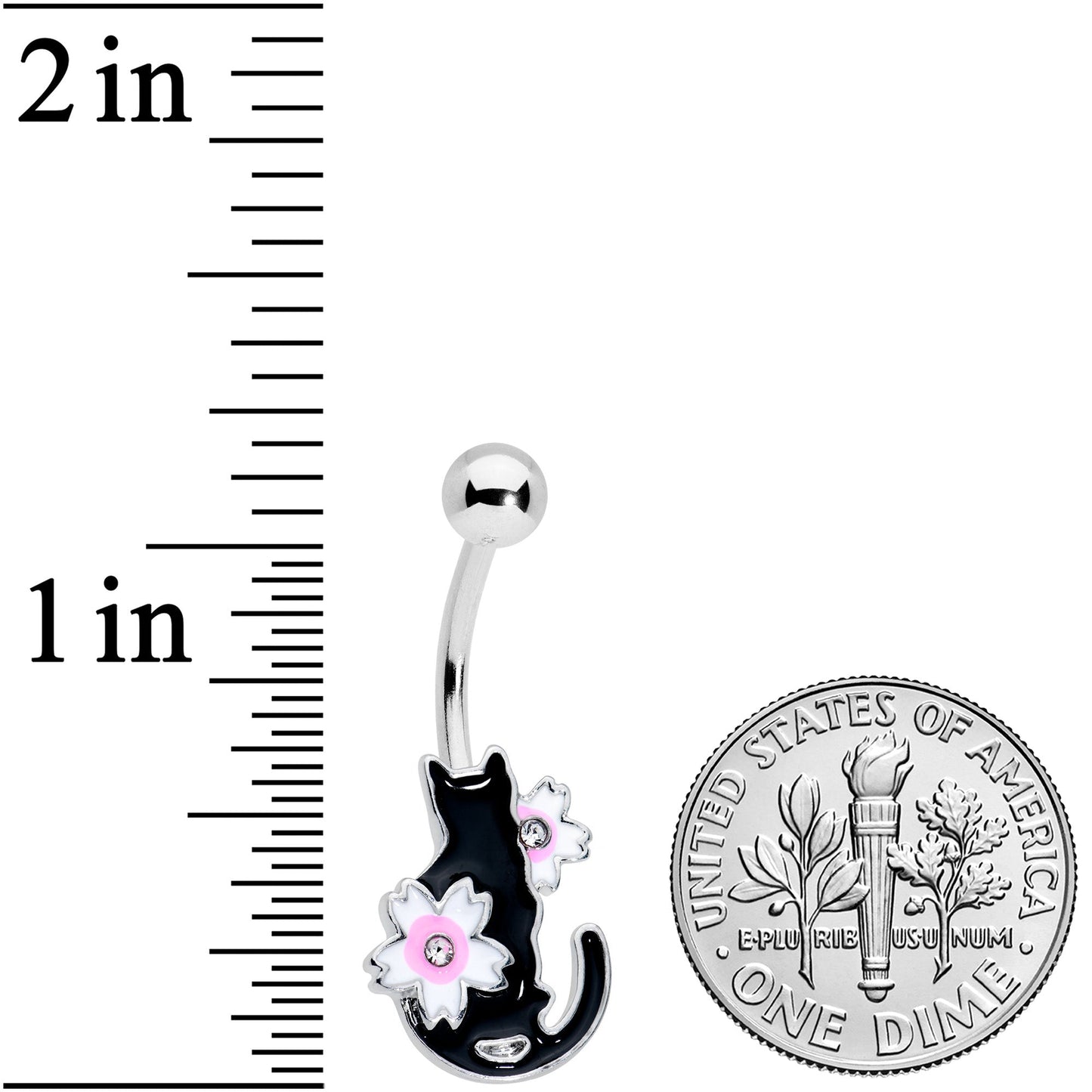 Clear Gem Black Cat Pink Flowers Belly Ring