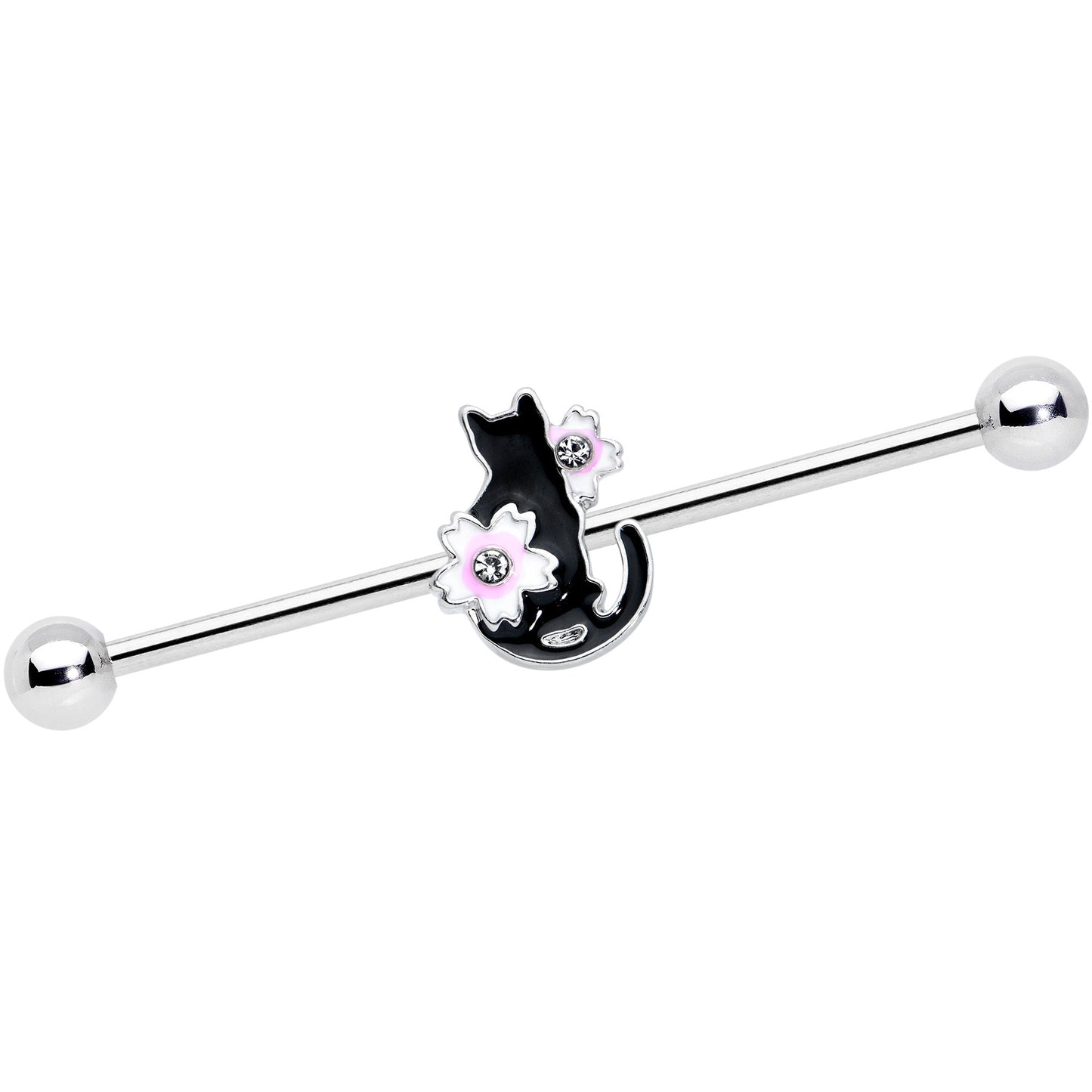 14G Pink Gem Black Cat White Flower Industrial Barbell 38mm