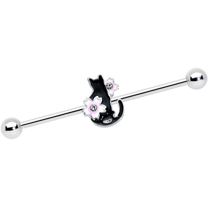 14G Pink Gem Black Cat White Flower Industrial Barbell 38mm