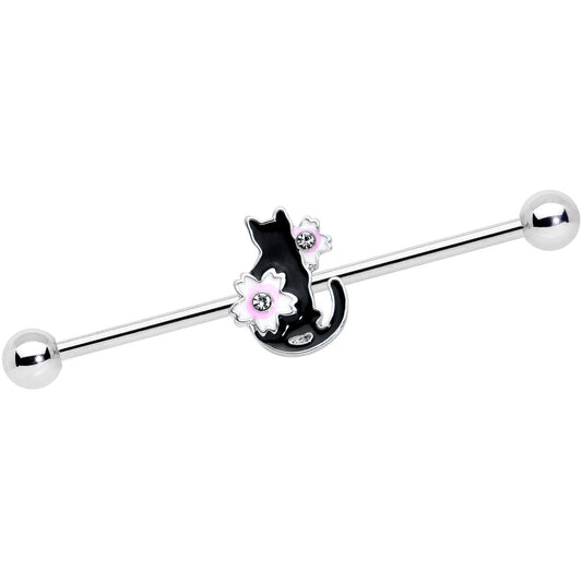 14G Pink Gem Black Cat White Flower Industrial Barbell 38mm