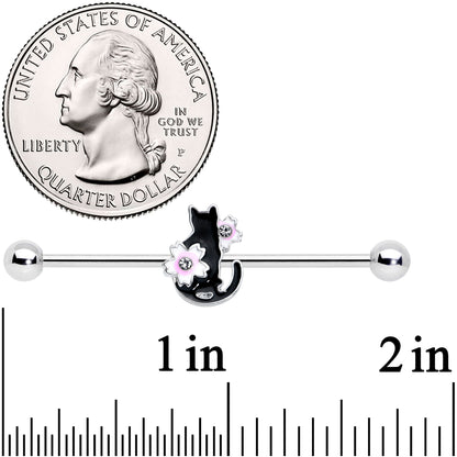 14G Pink Gem Black Cat White Flower Industrial Barbell 38mm