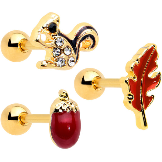 16G 1/4 Clear Gem Gold Hue Autumn Acorn Cartilage Tragus Set of 3