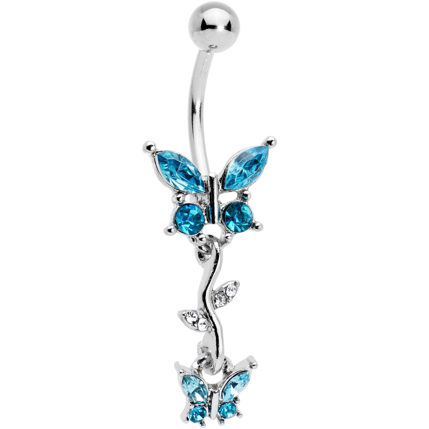 Clear Aqua Gem Vine Butterfly Dangle Belly Ring