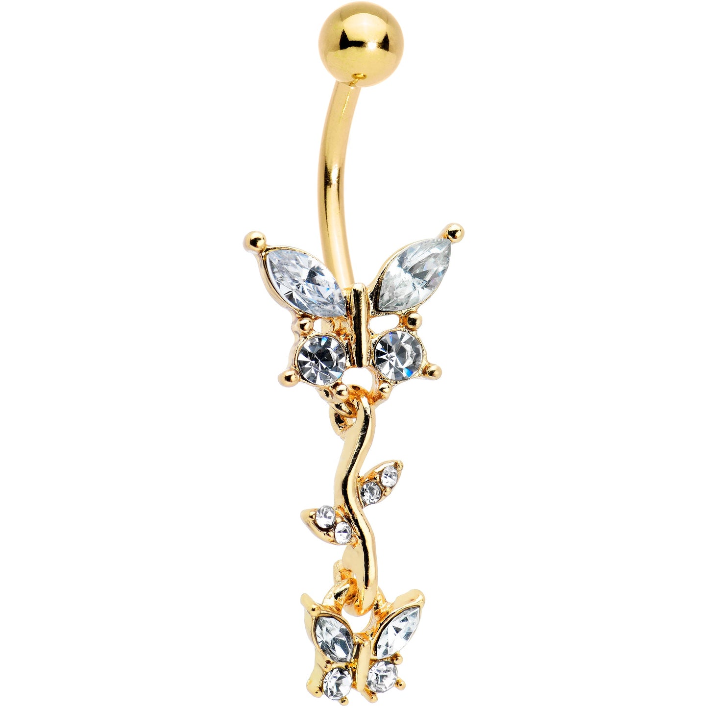 Clear Gem Gold Tone Vine Butterfly Dangle Belly Ring