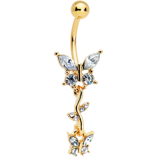Clear Gem Gold Tone Vine Butterfly Dangle Belly Ring