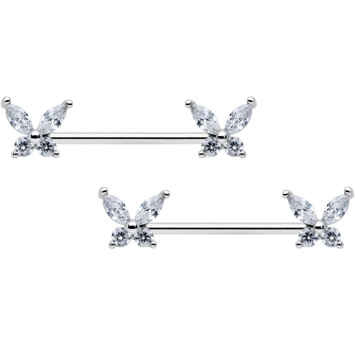 14G 9/16 Clear CZ Gem Butterflies Barbell Nipple Ring Set