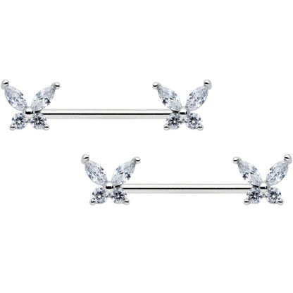 14G 9/16 Clear CZ Gem Butterflies Barbell Nipple Ring Set