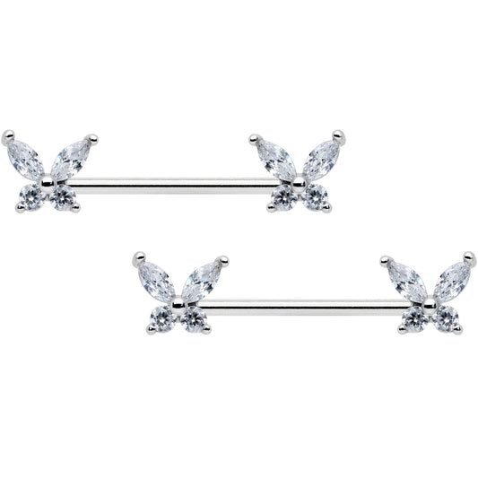 14G 9/16 Clear CZ Gem Butterflies Barbell Nipple Ring Set