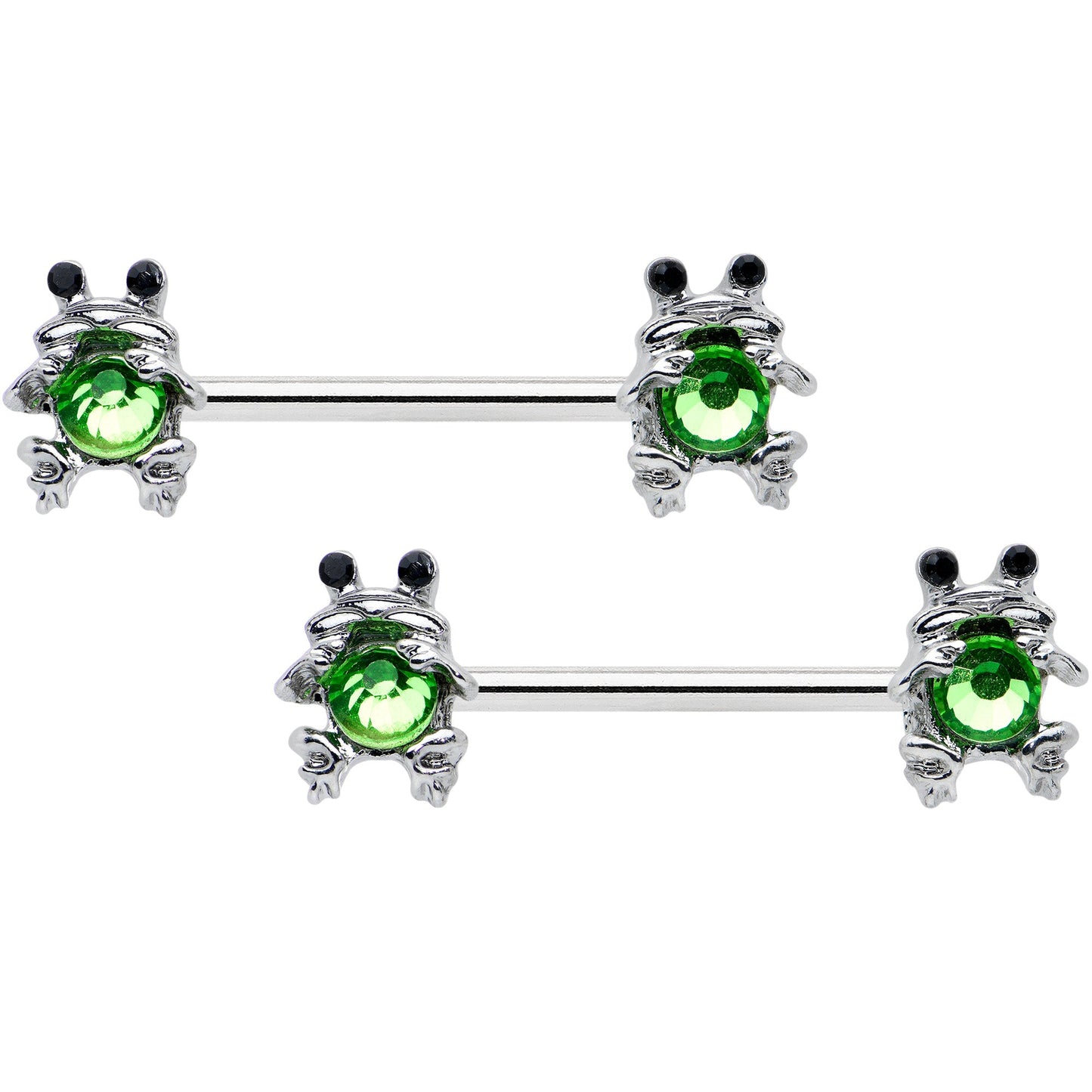 14G 9/16 Green Black Gem Fancy Frogs Barbell Nipple Ring Set