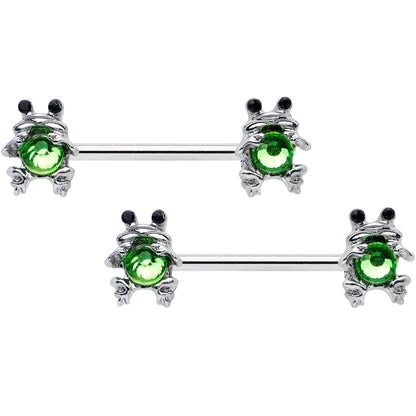 14G 9/16 Green Black Gem Fancy Frogs Barbell Nipple Ring Set