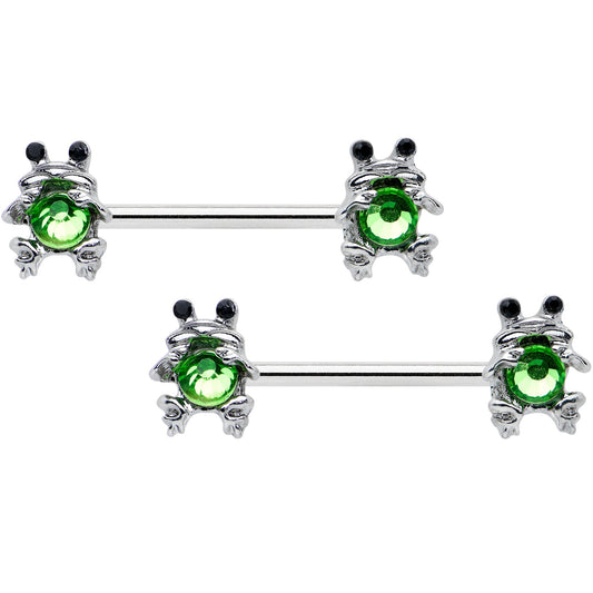 14G 9/16 Green Black Gem Fancy Frogs Barbell Nipple Ring Set