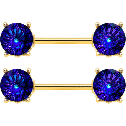 14G 9/16 Blue Gem Gold Tone Simply Elegant Nipple Ring Set