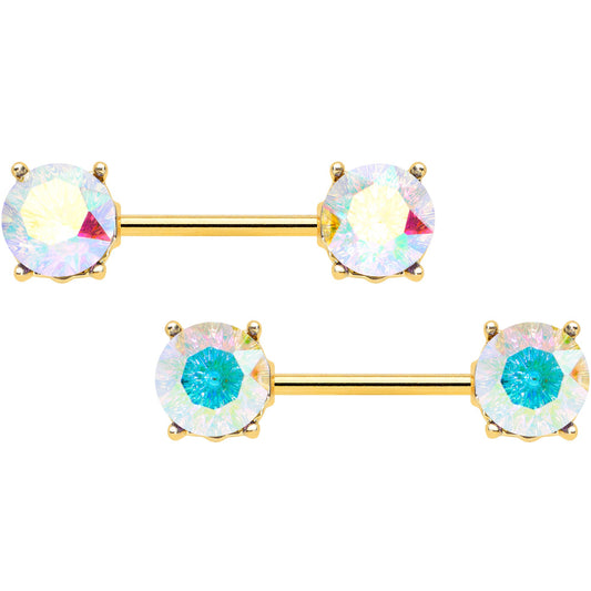 14G 9/16 Clear Gem Gold Tone Simply Elegant Nipple Ring Set