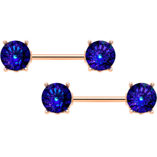 14G 9/16 Blue Gem Rose Gold Tone Simply Elegant Nipple Ring Set