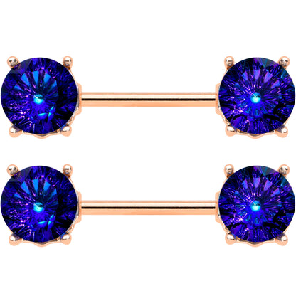 14G 9/16 Blue Gem Rose Gold Tone Simply Elegant Nipple Ring Set