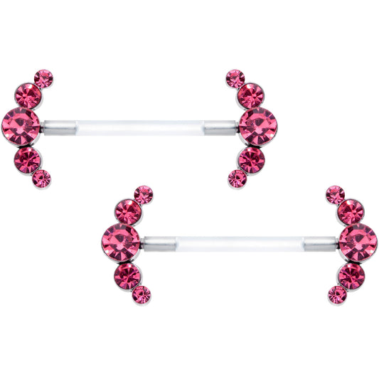 14G 13/16 Pink Gem Bioplast Simple Curve Barbell Nipple Ring Set