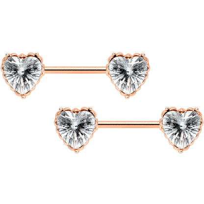 14G 9/16 Grey CZ Gem Rose Gold Tone Heart Nipple Ring Set