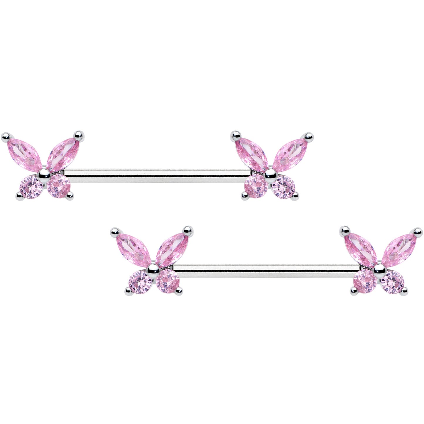 14G 3/4 Pink CZ Gem Butterflies Barbell Nipple Ring Set