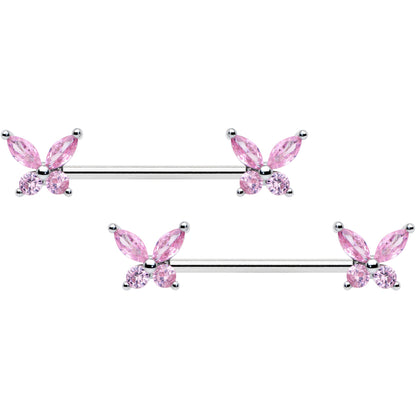 14G 3/4 Pink CZ Gem Butterflies Barbell Nipple Ring Set