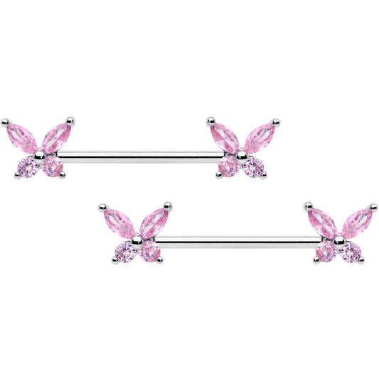 14G 3/4 Pink CZ Gem Butterflies Barbell Nipple Ring Set