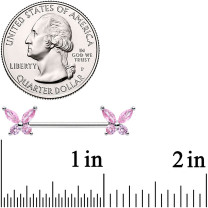 14G 3/4 Pink CZ Gem Butterflies Barbell Nipple Ring Set