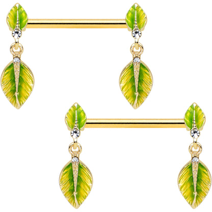 14G 5/8 Clear Gem Gold Tone Lush Leaves Dangle Nipple Ring Set