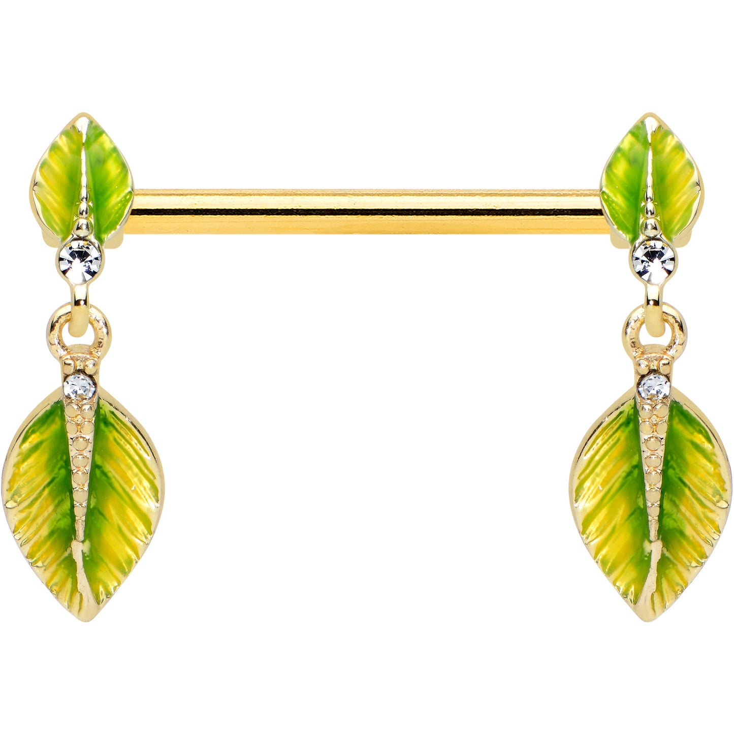 14G 5/8 Clear Gem Gold Tone Lush Leaves Dangle Nipple Ring Set