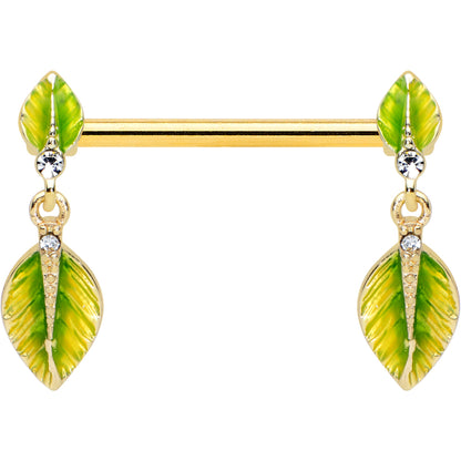 14G 5/8 Clear Gem Gold Tone Lush Leaves Dangle Nipple Ring Set