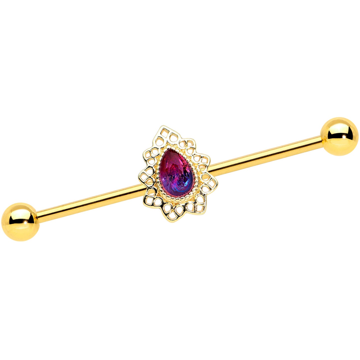 14G Purple Tourmaline Gold Tone Drop Industrial Barbell 38mm