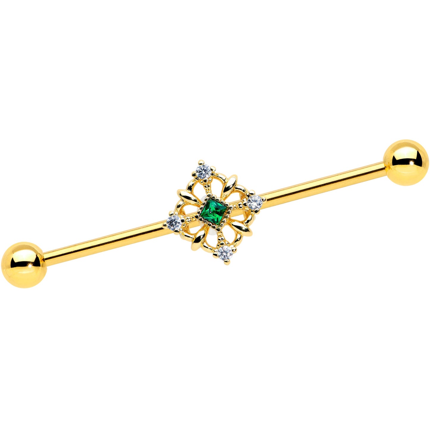 14G Green Gem Gold Tone Noble Square Industrial Barbell 38mm