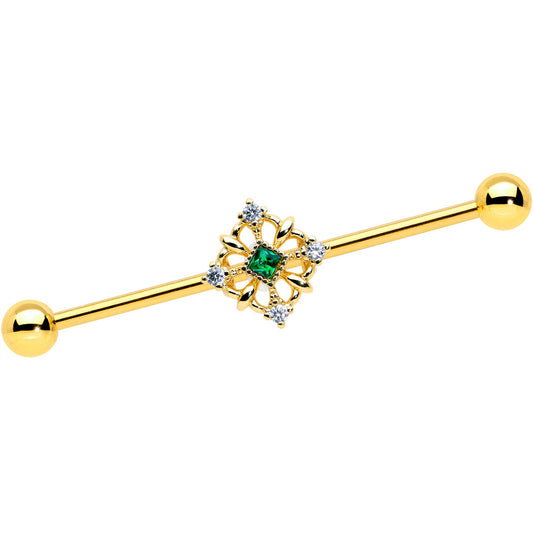 14G Green Gem Gold Tone Noble Square Industrial Barbell 38mm