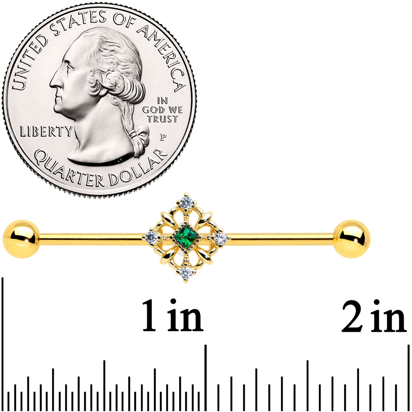 14G Green Gem Gold Tone Noble Square Industrial Barbell 38mm