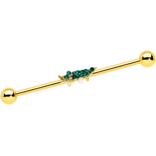 14G Green Gem Gold Tone Tropical Gator Industrial Barbell 38mm