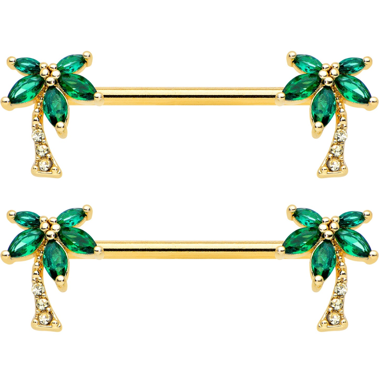 14G 9/16 Clear Green Gem Gold Tone Palm Tree Nipple Ring Set